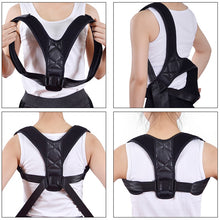 Load image into Gallery viewer, Image shows how to properly put on the SpiderGenix posture corrector in four easy steps. The posture corrector is black and the person in the picture is slipping it onto and over each shoulder, eventually wearing product on their back. Product can be worn discreetly beneath their clothing or alternatively over their clothing.
